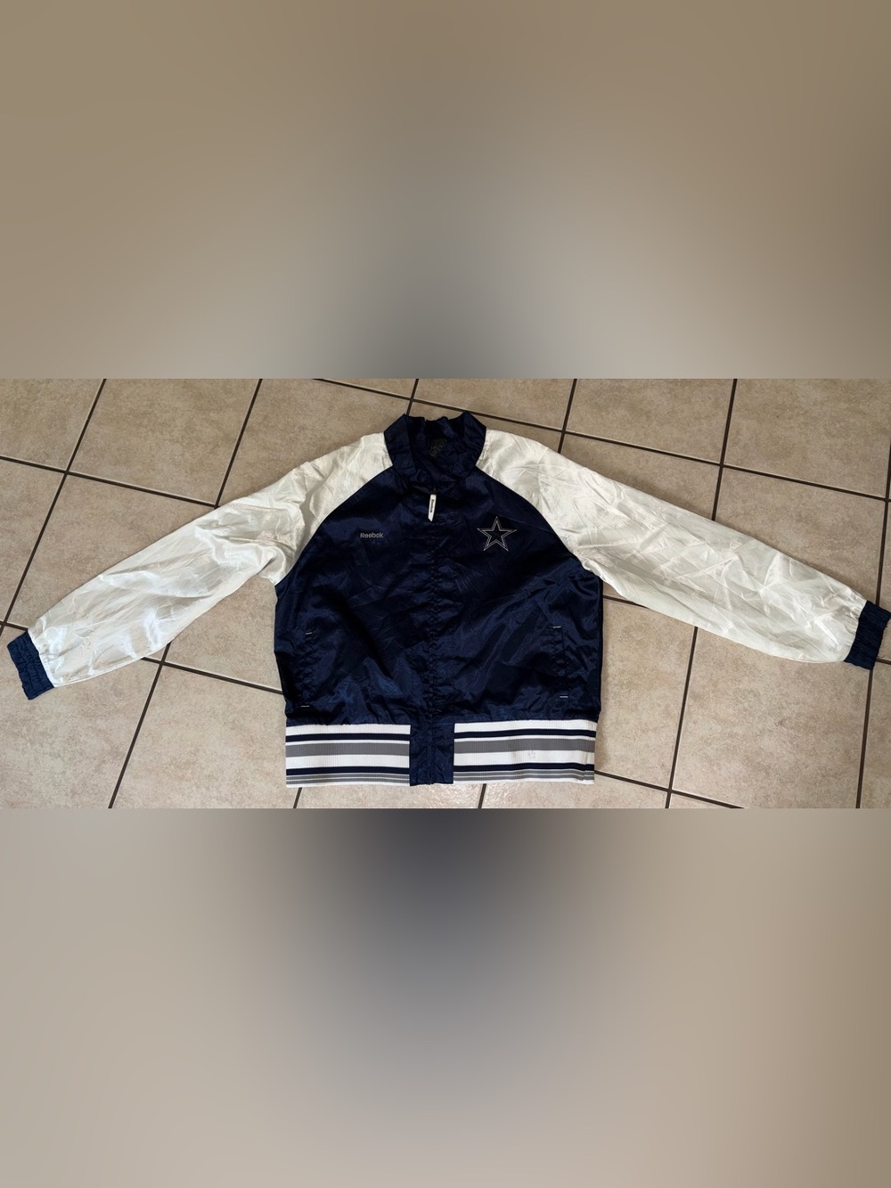 Reebok Navy and White Dallas Cowboys Satin Bomber 2XL women’s
